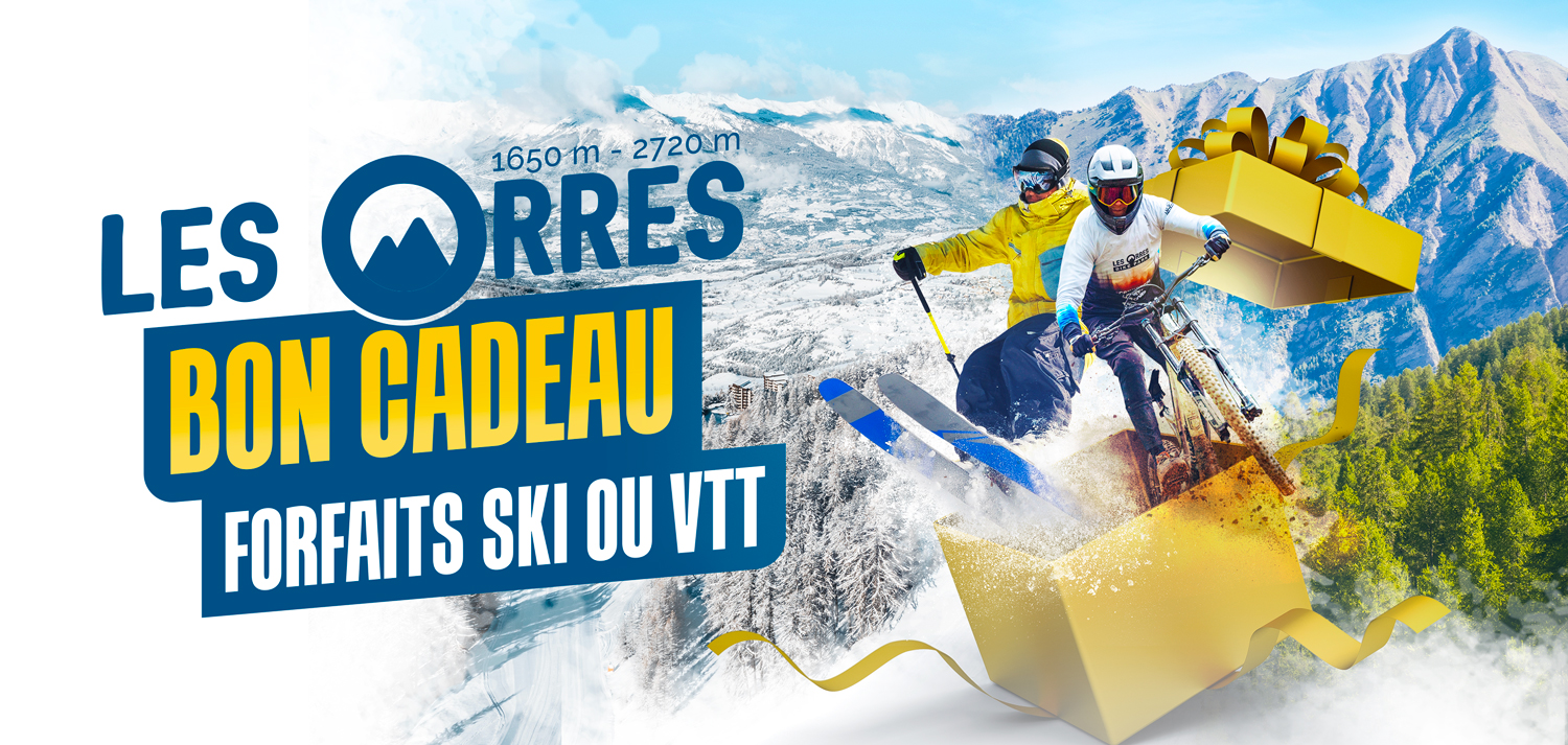 Welcoming picture of Ski resort Les Orres, people and mountains panoramas mixed together all across the picture