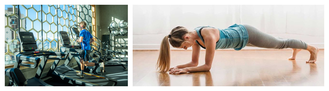 a gauche un sportif courant sur un tapis de cardio, à droite une femme en gainage allongé faisant du fitness