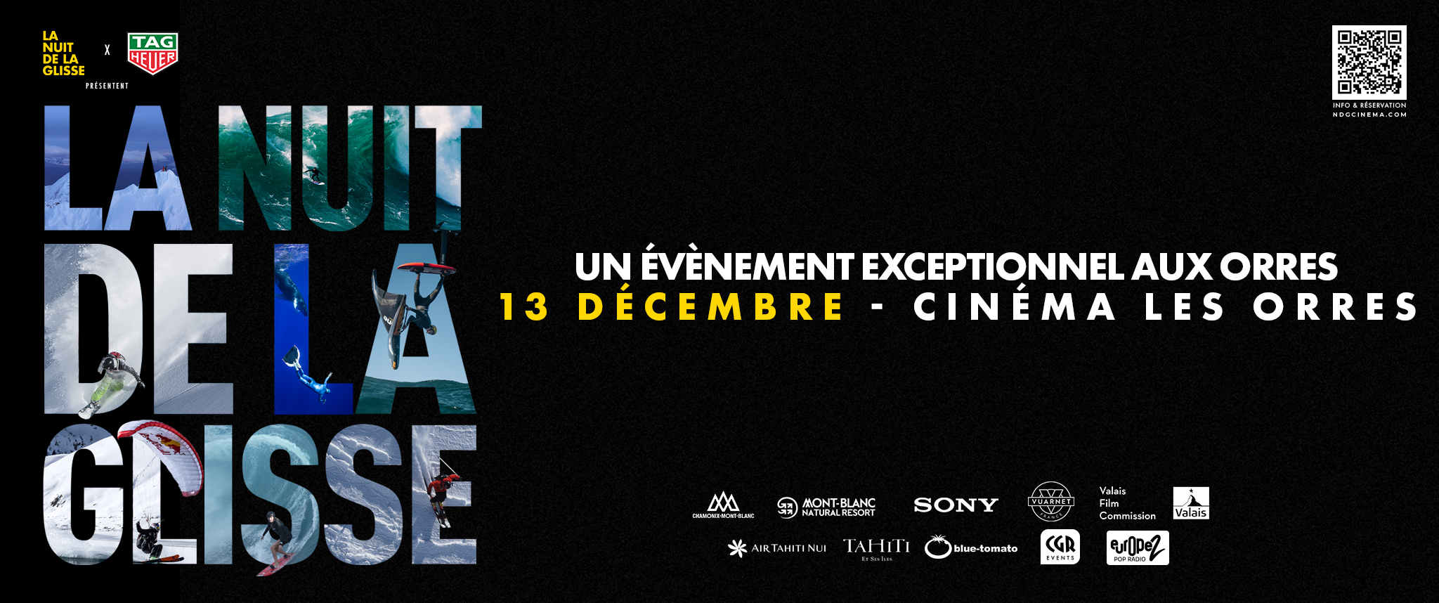 Affiche de l'évenement de la nuit de la glisse avec logoa à gauche et descriptif à droite