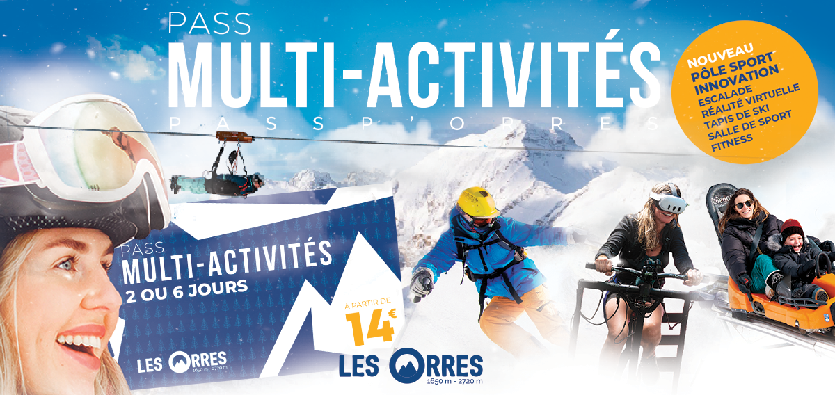 graphic presentation of the multi-activity pass, with sledge, RV simulator, ski, zip line and snowy moutains in the background