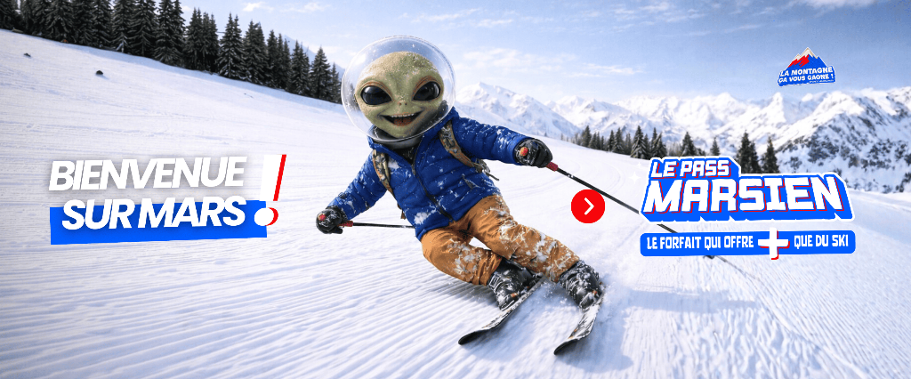 affiche de présentation du Pass Marsien, avec un alien skiant sur des pistes de ski au centre